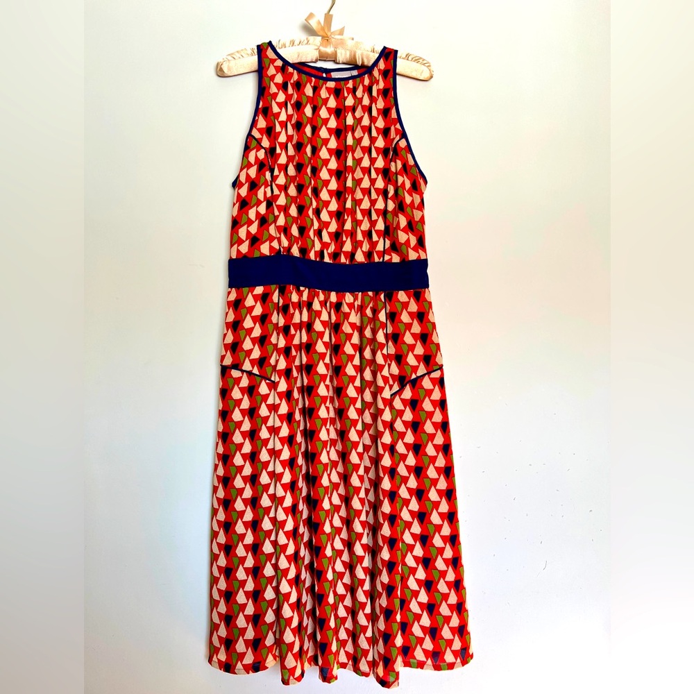 eShakti orange and navy geometric print sleeveless fit and flare dress Size 12